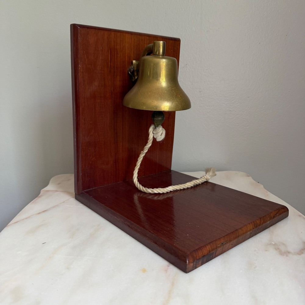 Vintage Nautical Brass Ship Bell on Mahogany Wood Stand Decorative Desk Accent